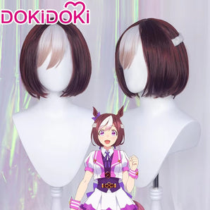 DokiDoki Game Cosplay Women Wig Short Straight Brown White Highlight Hair
