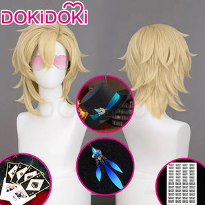 【Ready For Ship】DokiDoki Game Honkai: Star Rail Cosplay Aventurine Wig / Ear Clip / Hat / Bracelet Short Straight Yellow Hair Shajin/ Tattoo Stickers / Glasses Sunglasses / Poker Prop